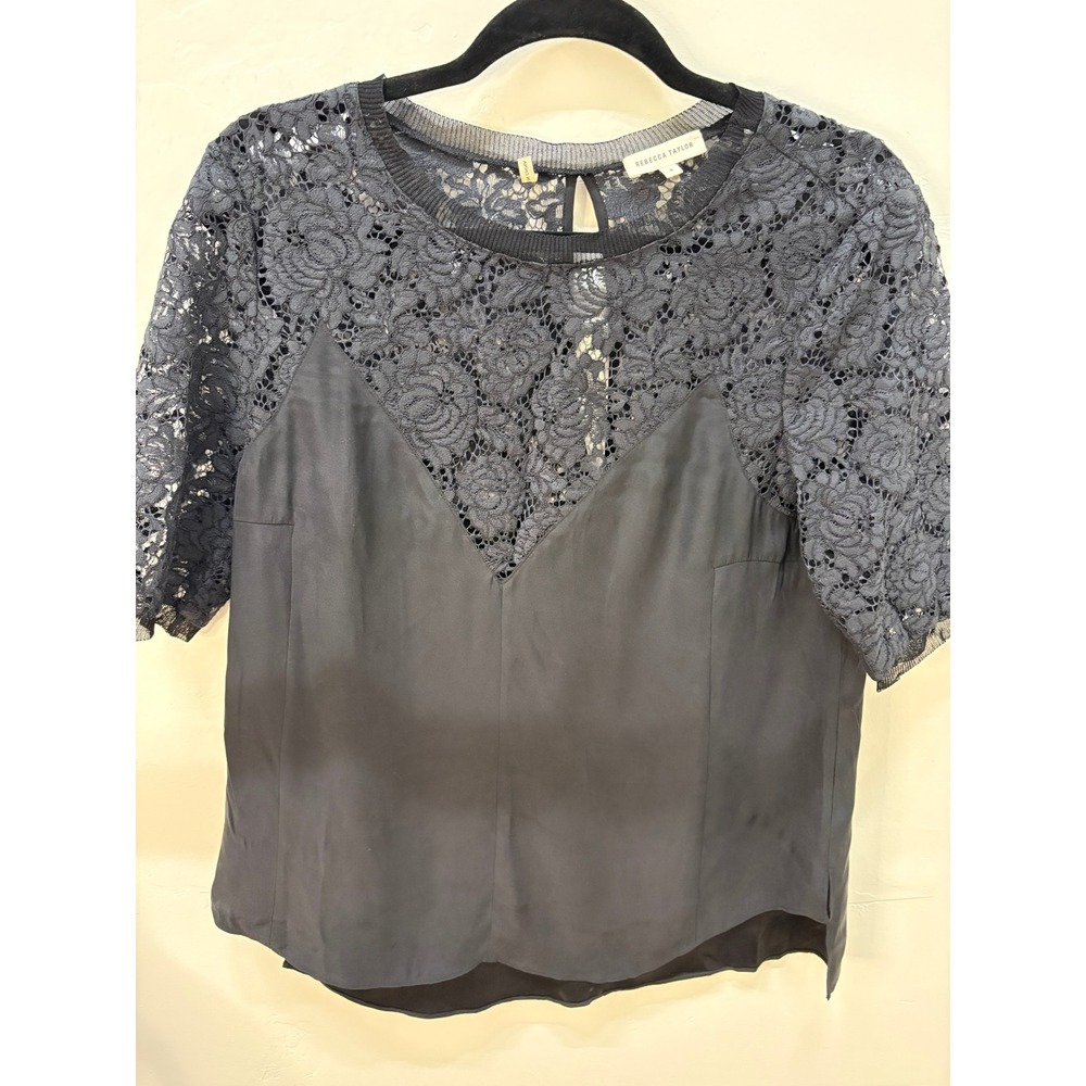 Rebecca Taylor Black Silk Floral Lace Short Sleeve Blouse Top Size 8